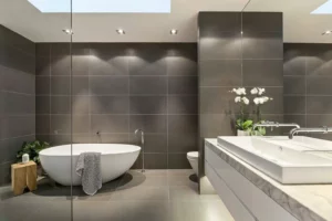 white bathroom in a dark gray bathroom interior