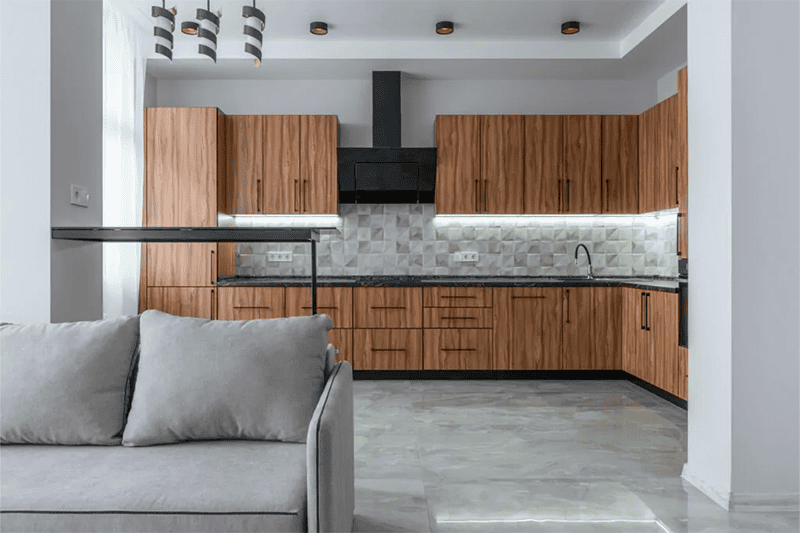 Wood textured kitchen cabinets