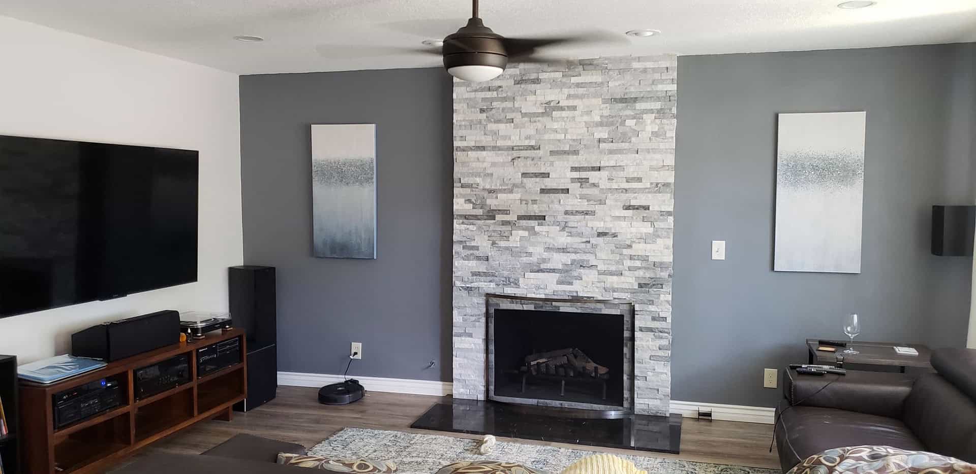 fireplace and decorative stone-effect wall