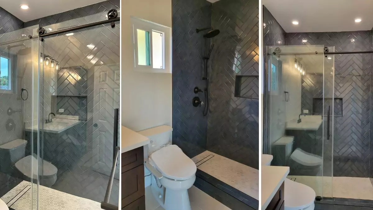 Dark gray and white walk-in shower | Groysman Construction Remodeling | 2