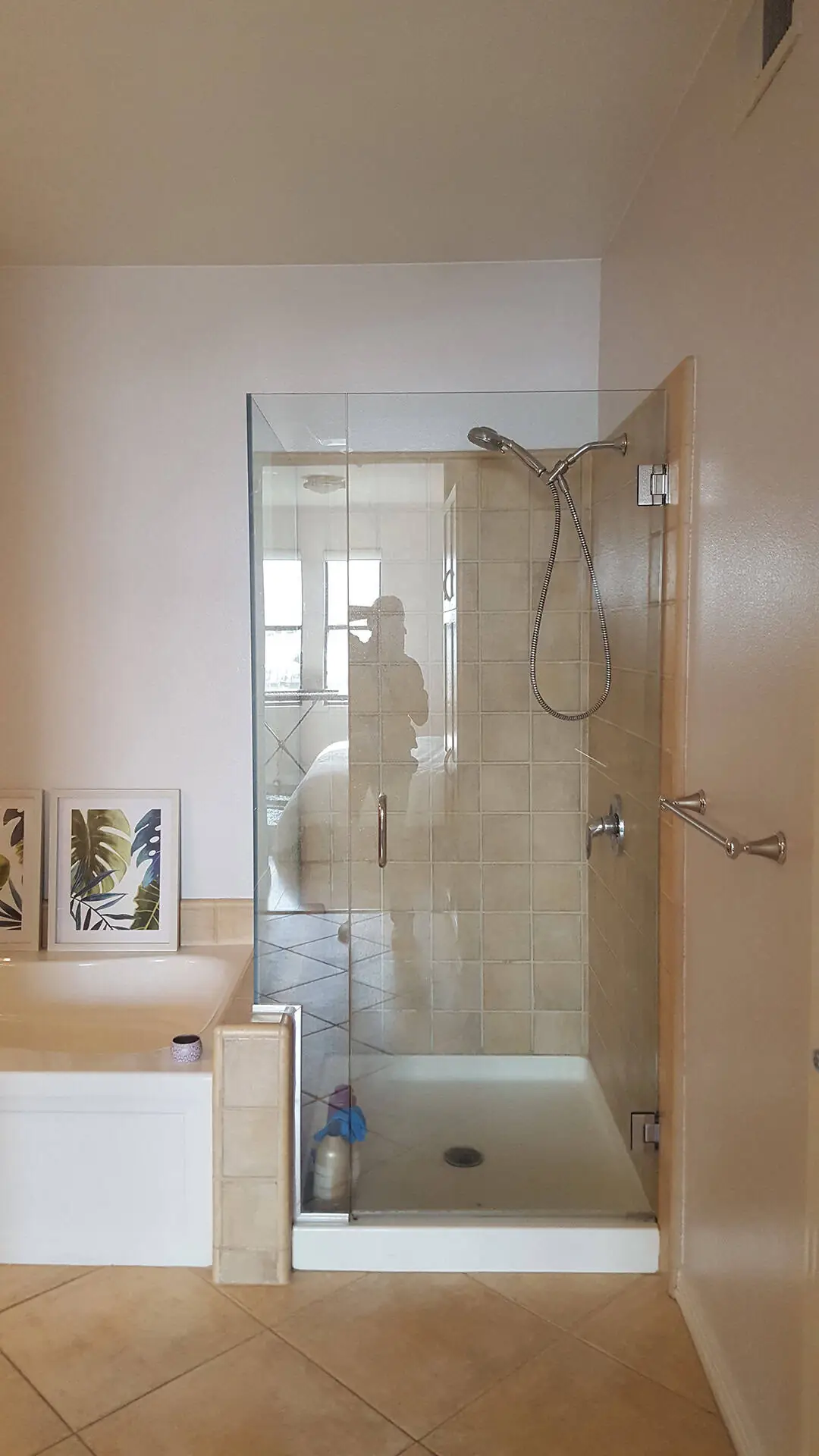 shower with clear glass panels