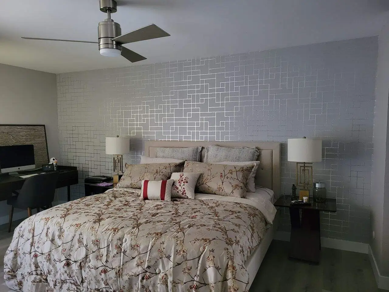 bright bedroom with gray wallpaper