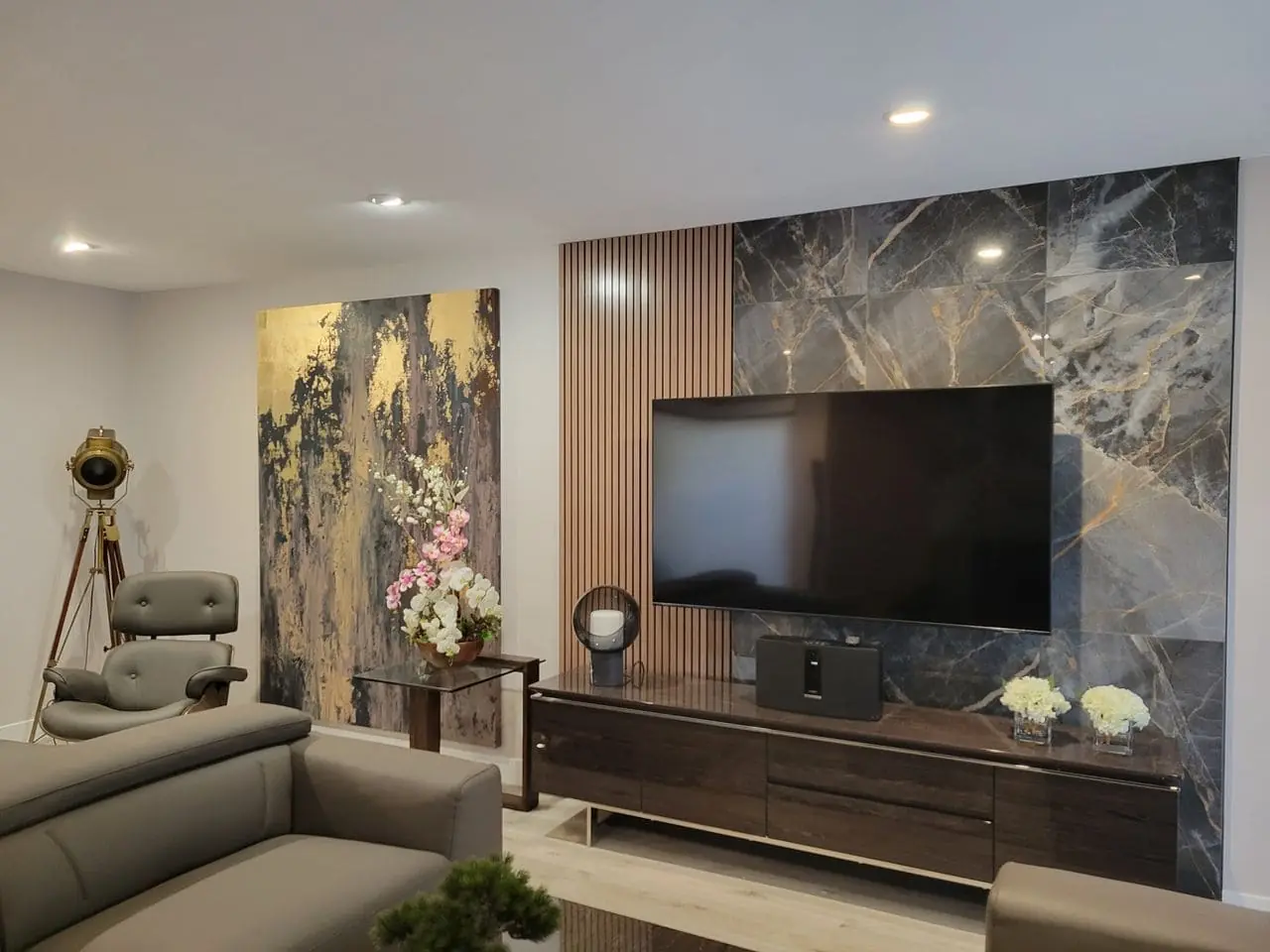 bright living room with gray accents