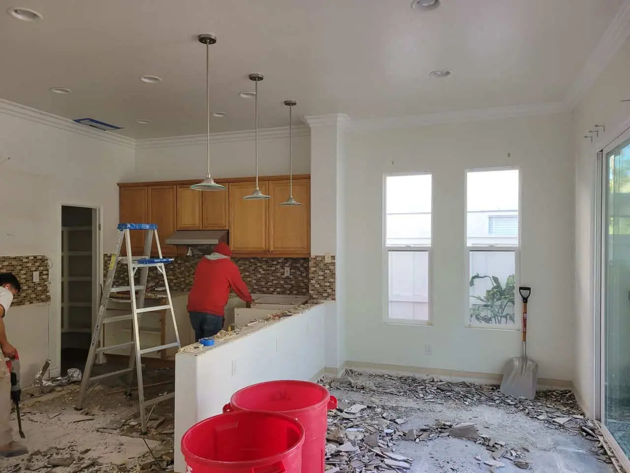 white kitchen with light wood fronts
