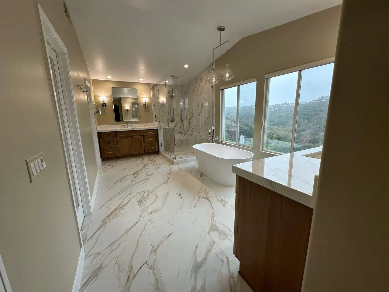 bathroom in cream marble tones