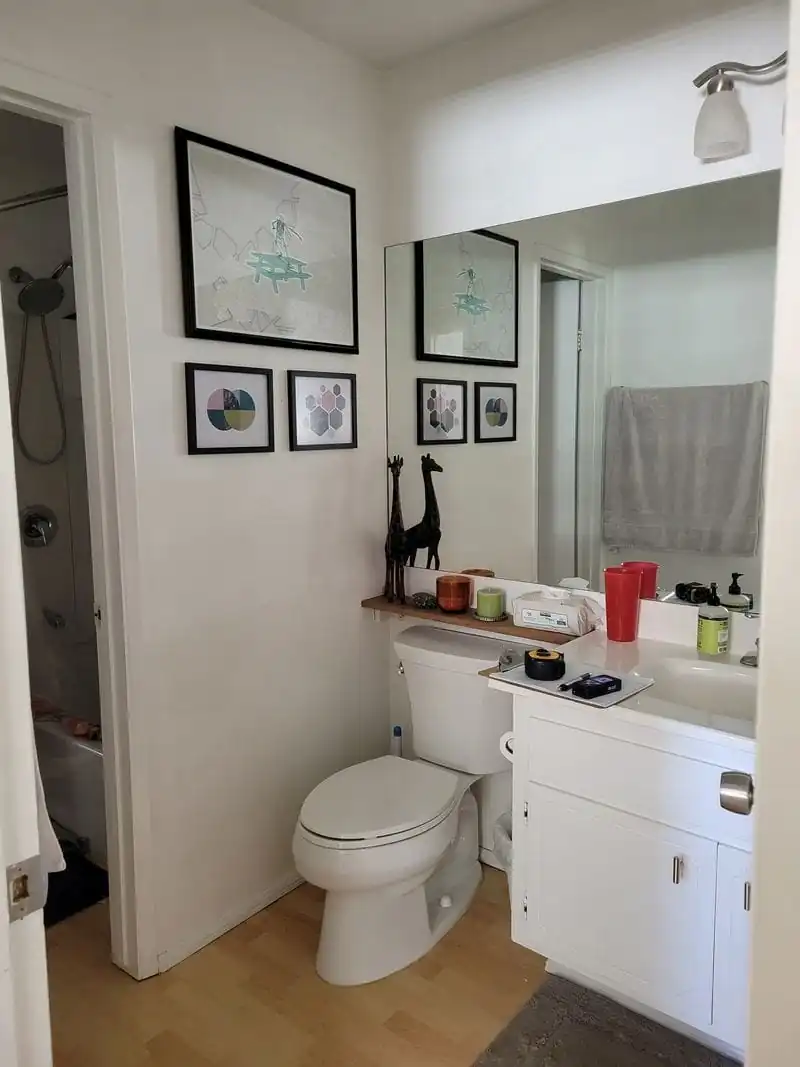 toilet and paintings on the wall