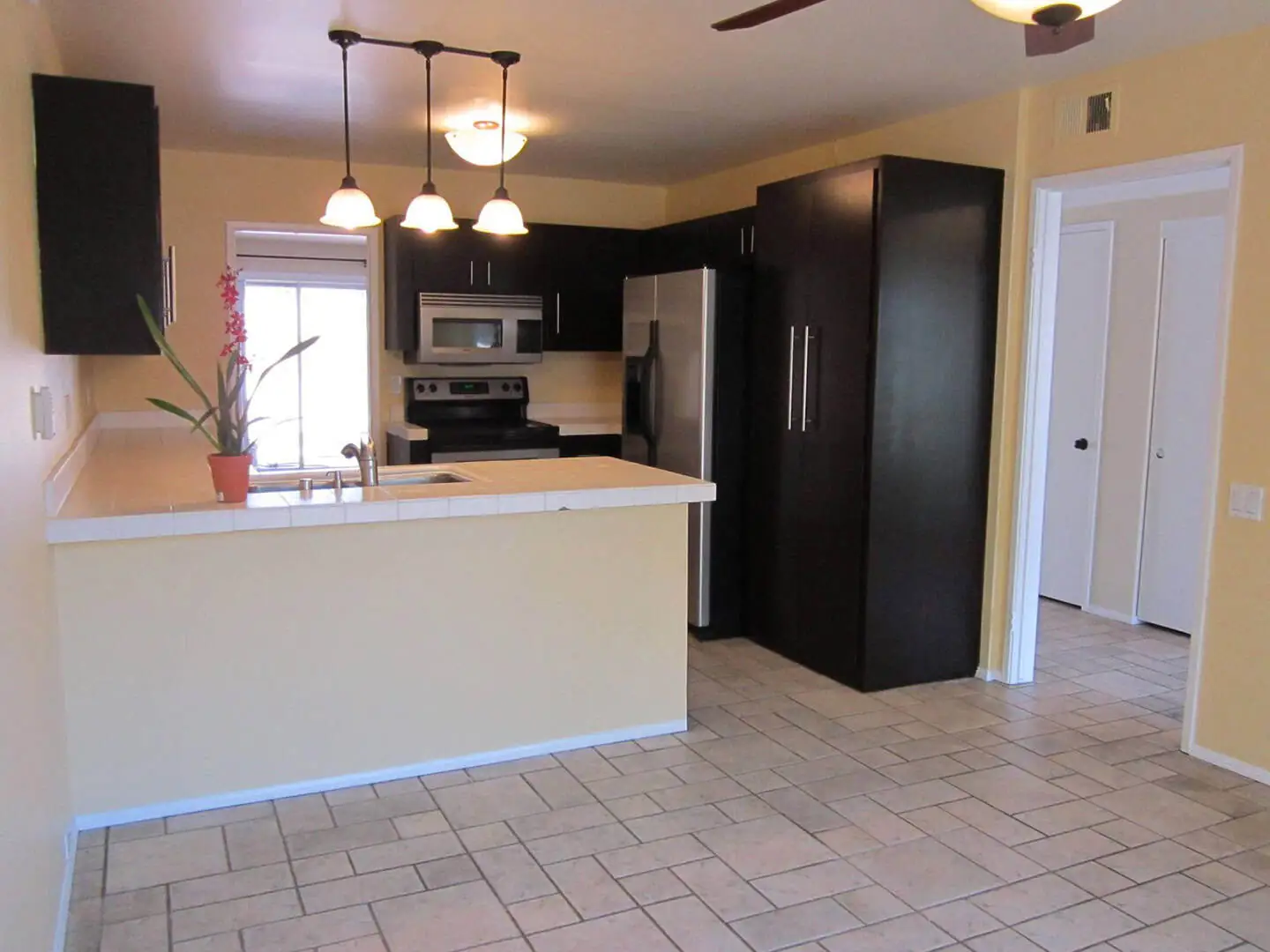 kitchen divided with a work surface