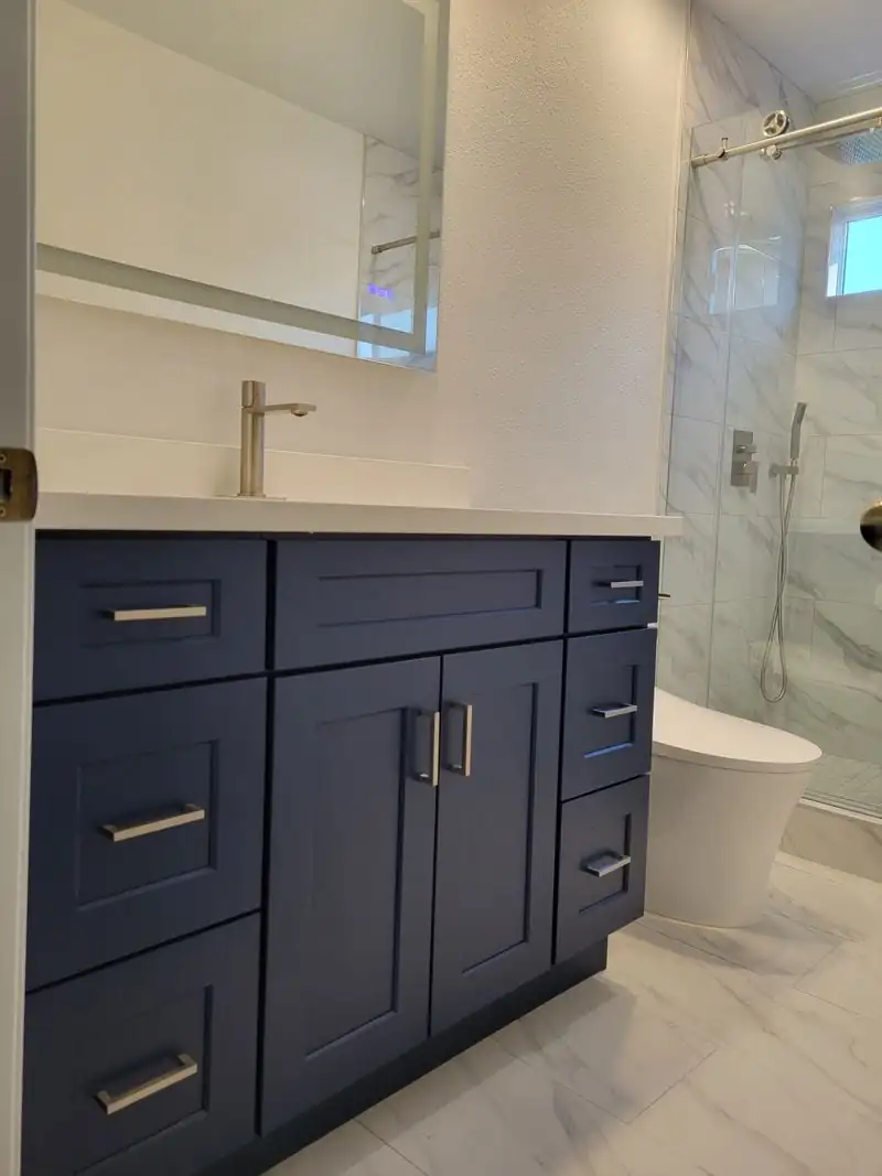 blue vanity in the bathroom