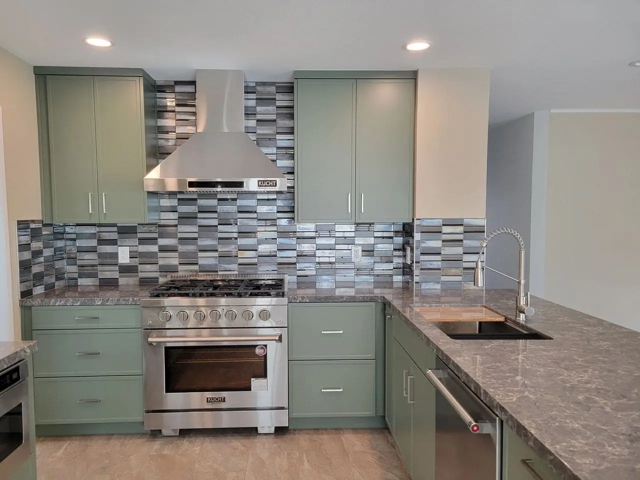 white and olive kitchen
